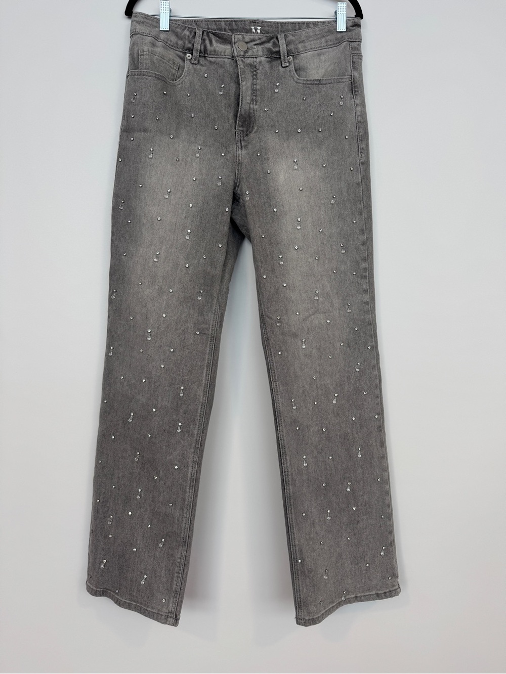 NWOT Women's Grey Crystal-Embellished Straight-Leg Jeans